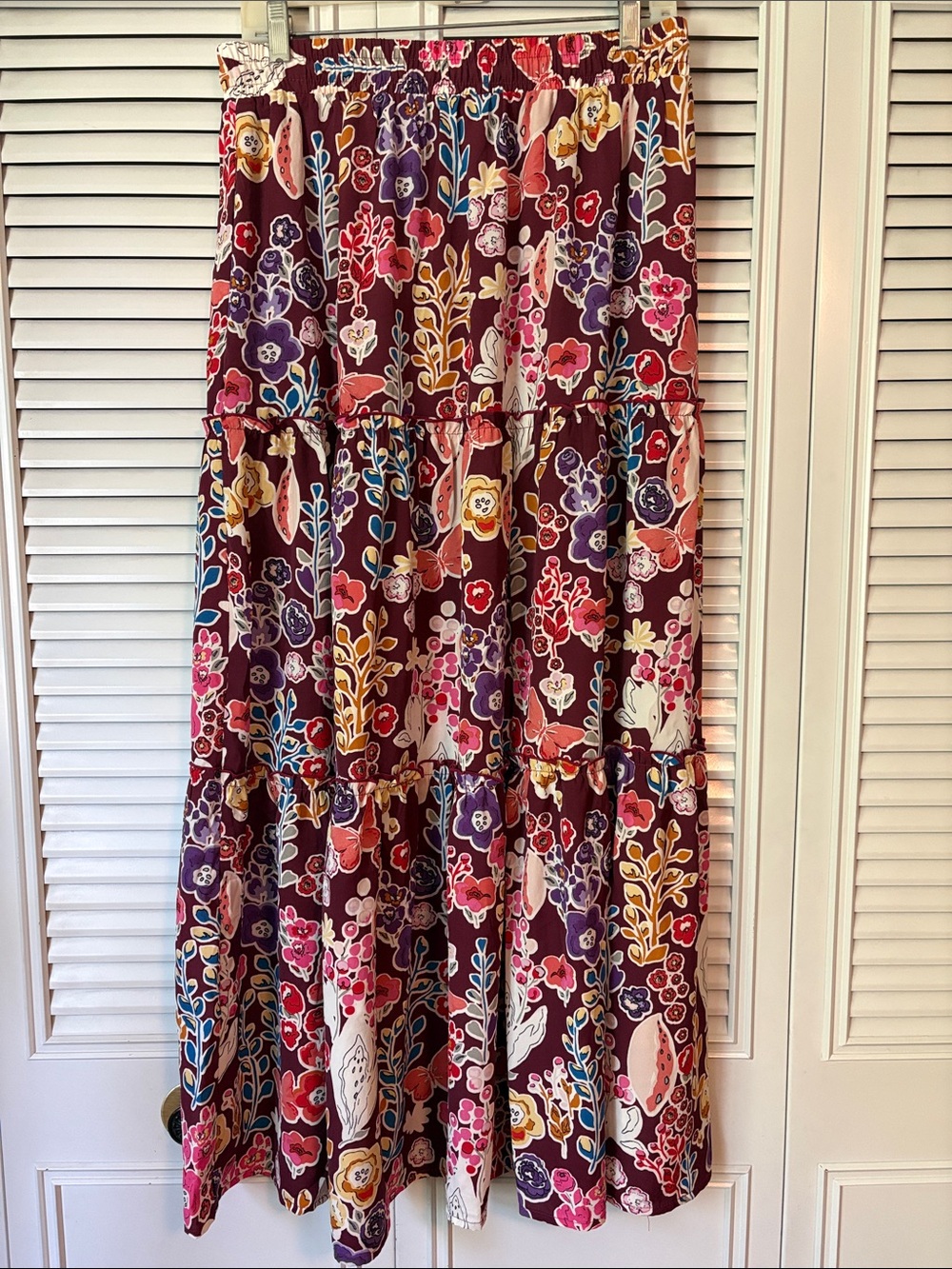 Tiered Floral Midi Skirt in Burgundy - Picture 2 of 8